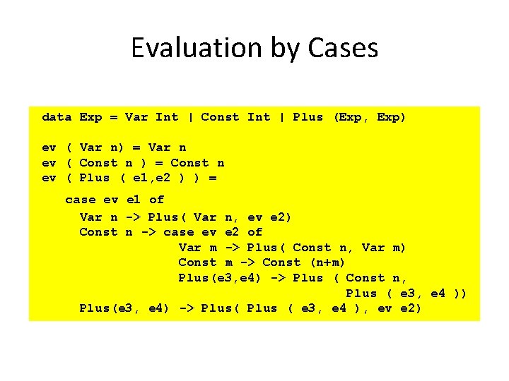 Evaluation by Cases data Exp = Var Int | Const Int | Plus (Exp,