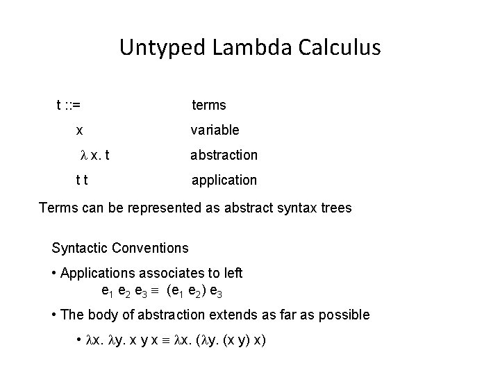 Untyped Lambda Calculus t : : = terms x variable x. t abstraction tt
