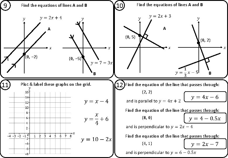 9 10 Find the equations of lines A and B A A (0, 5)