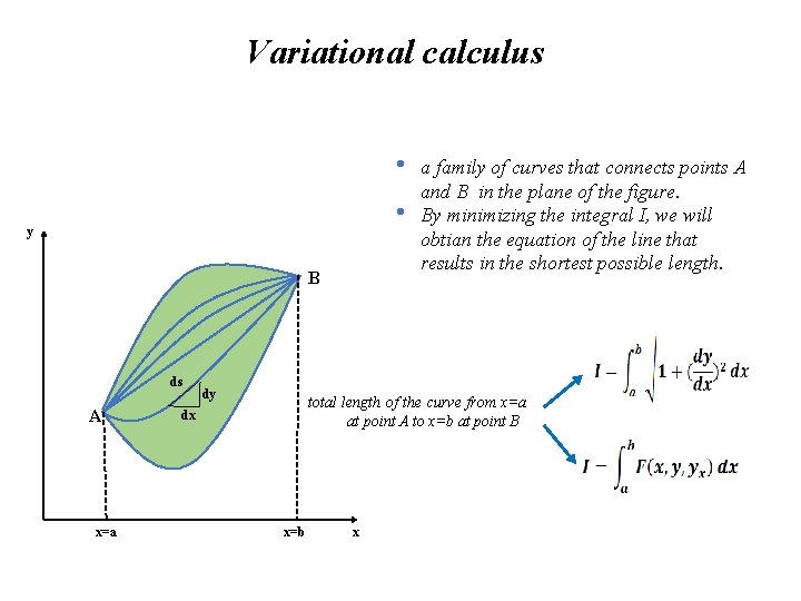 Variational calculus • • y B ds A x=a dy a family of curves