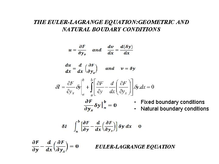 THE EULER-LAGRANGE EQUATION: GEOMETRIC AND NATURAL BOUDARY CONDITIONS • Fixed boundary conditions • Natural