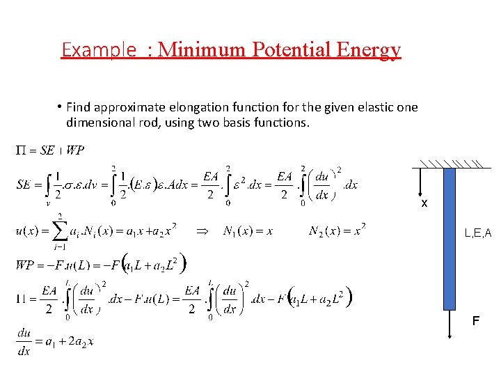 Example : Minimum Potential Energy • Find approximate elongation function for the given elastic