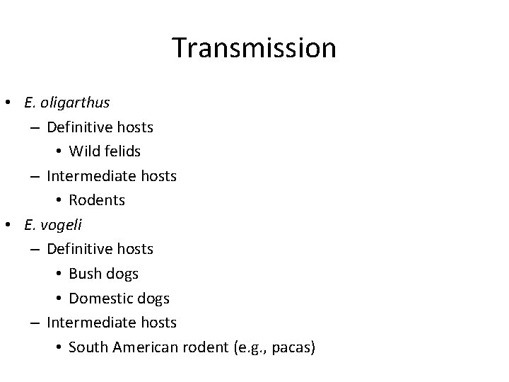 Transmission • E. oligarthus – Definitive hosts • Wild felids – Intermediate hosts •