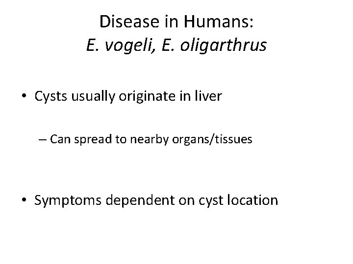 Disease in Humans: E. vogeli, E. oligarthrus • Cysts usually originate in liver –