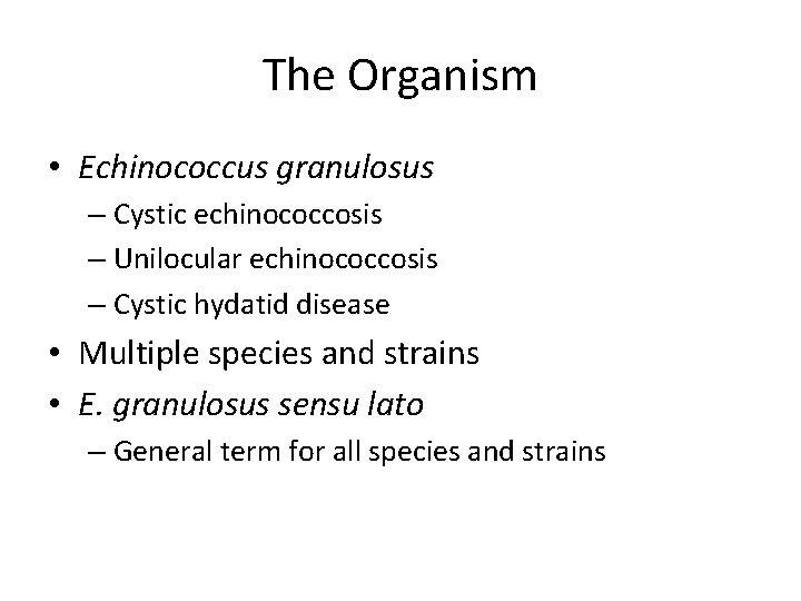 The Organism • Echinococcus granulosus – Cystic echinococcosis – Unilocular echinococcosis – Cystic hydatid