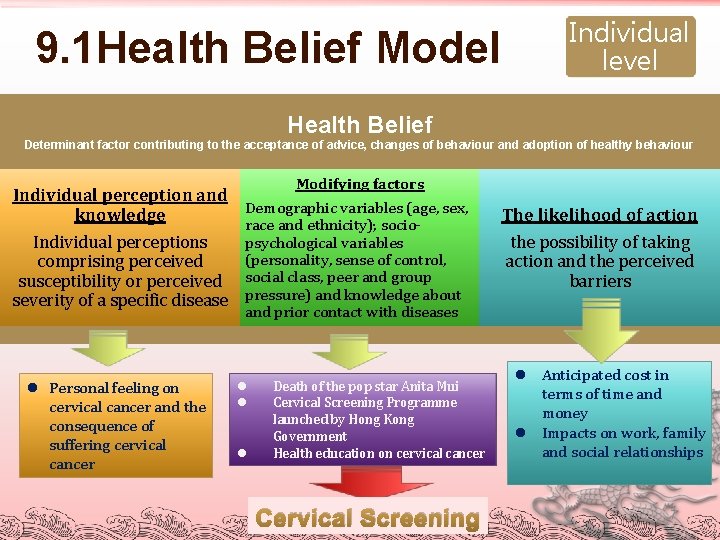 9. 1 Health Belief Model 9. 1 Individual level Health Belief Determinant factor contributing