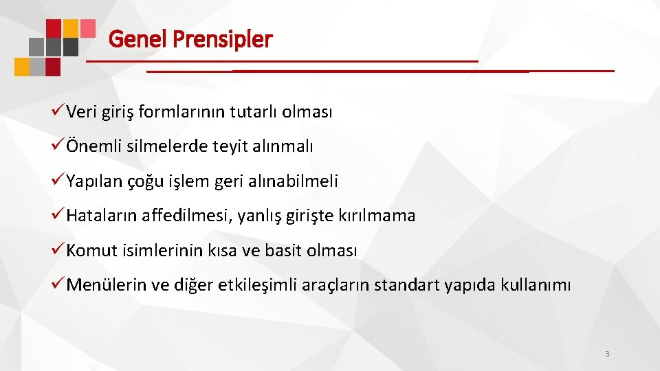 Genel Prensipler üVeri giriş formlarının tutarlı olması üÖnemli silmelerde teyit alınmalı üYapılan çoğu işlem