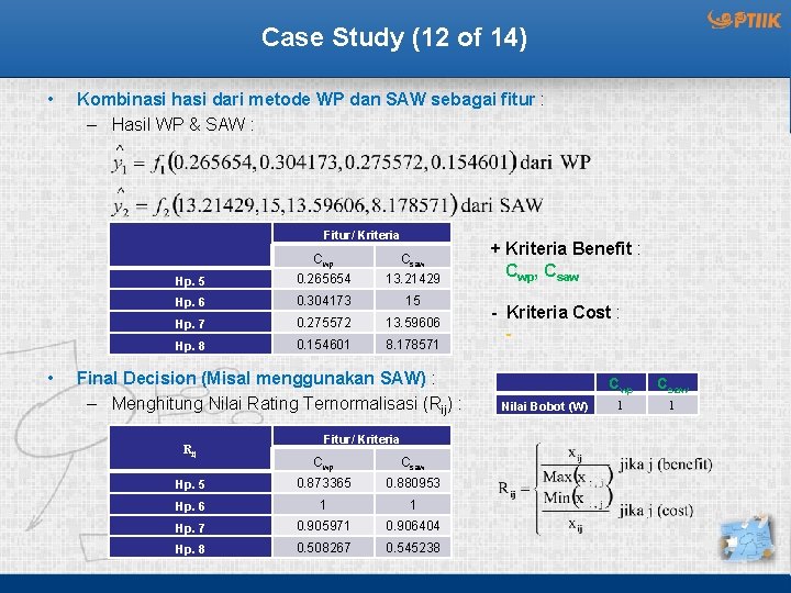 Case Study (12 of 14) • Kombinasi hasi dari metode WP dan SAW sebagai