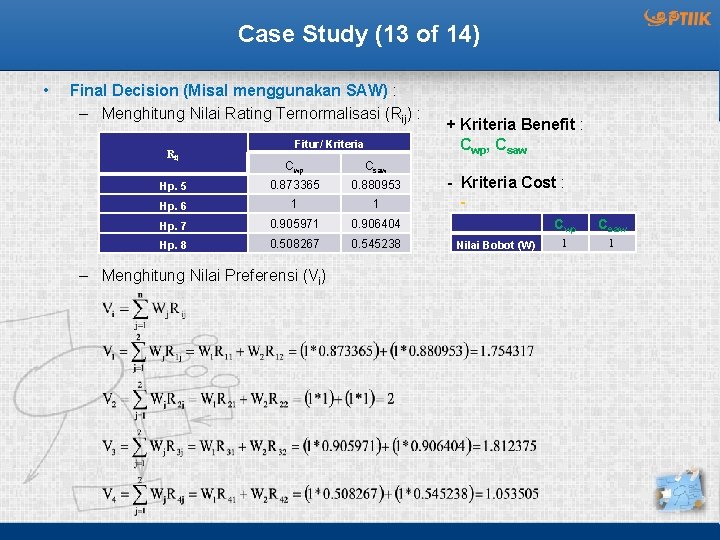 Case Study (13 of 14) • Final Decision (Misal menggunakan SAW) : – Menghitung