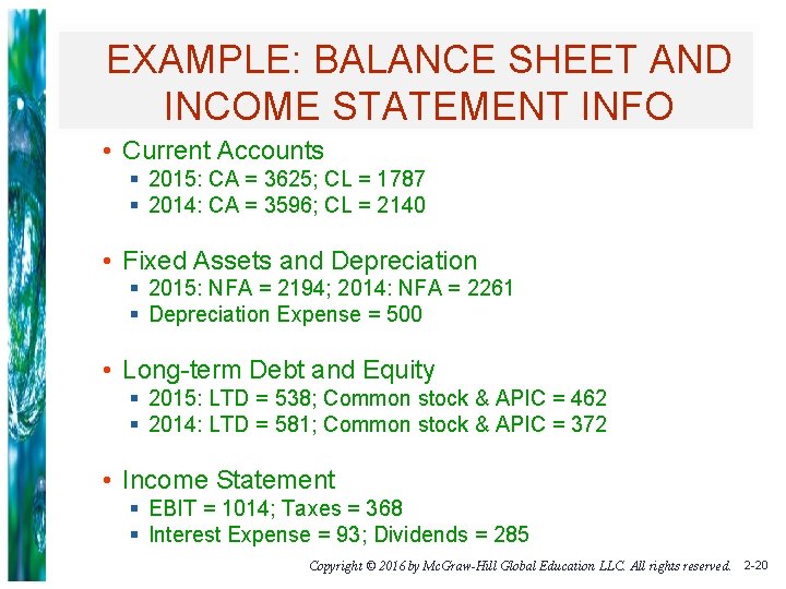 EXAMPLE: BALANCE SHEET AND INCOME STATEMENT INFO • Current Accounts § 2015: CA =