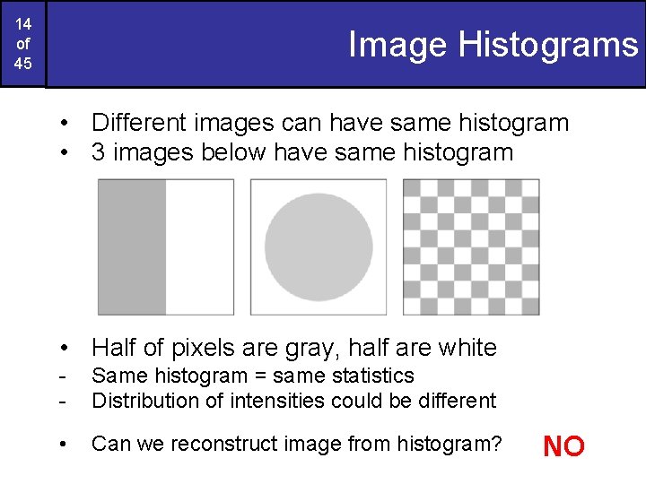 14 of 45 Image Histograms • Different images can have same histogram • 3