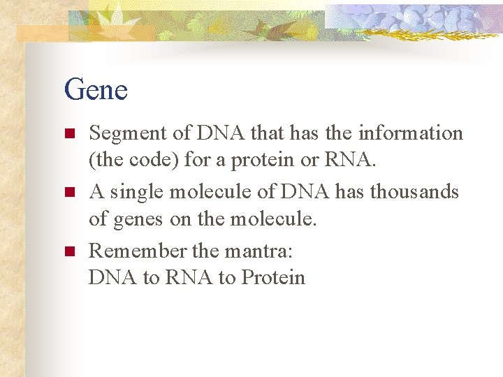 Gene n n n Segment of DNA that has the information (the code) for