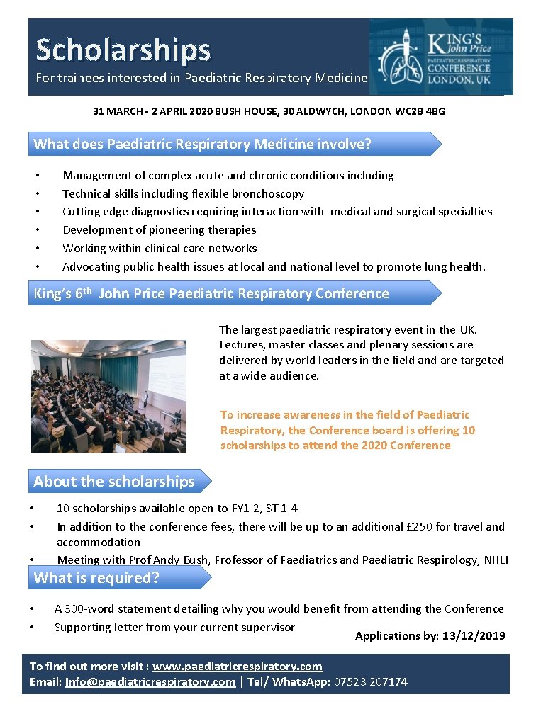 Scholarships For trainees interested in Paediatric Respiratory Medicine 31 MARCH - 2 APRIL 2020