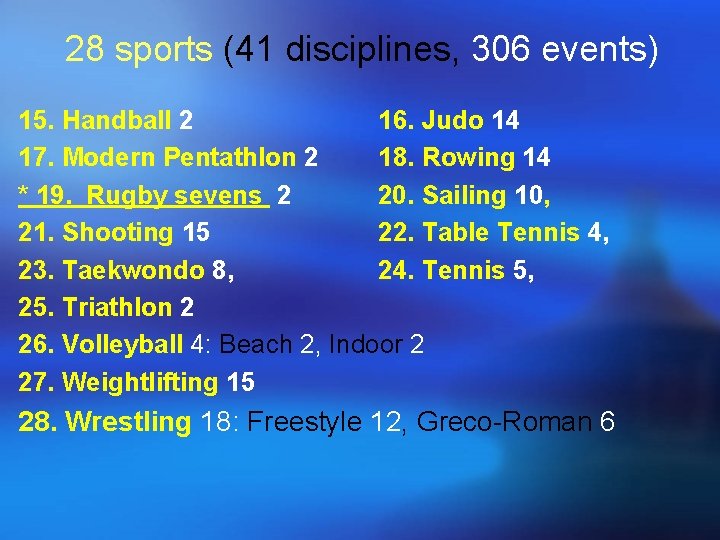 28 sports (41 disciplines, 306 events) 15. Handball 2 16. Judo 14 17. Modern