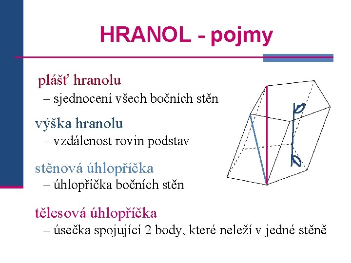 HRANOL - pojmy plášť hranolu ● – sjednocení všech bočních stěn výška hranolu –