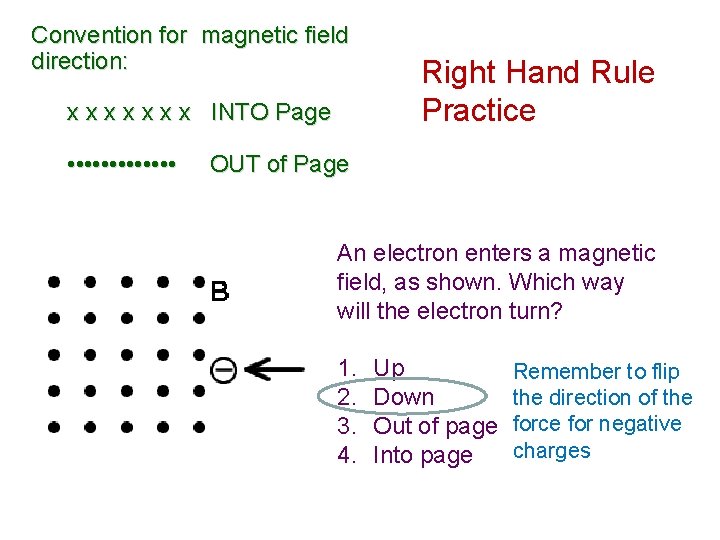 Convention for magnetic field direction: x x x x INTO Page • • •