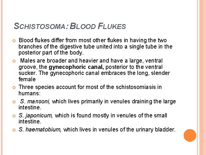SCHISTOSOMA: BLOOD FLUKES Blood flukes differ from most other flukes in having the two