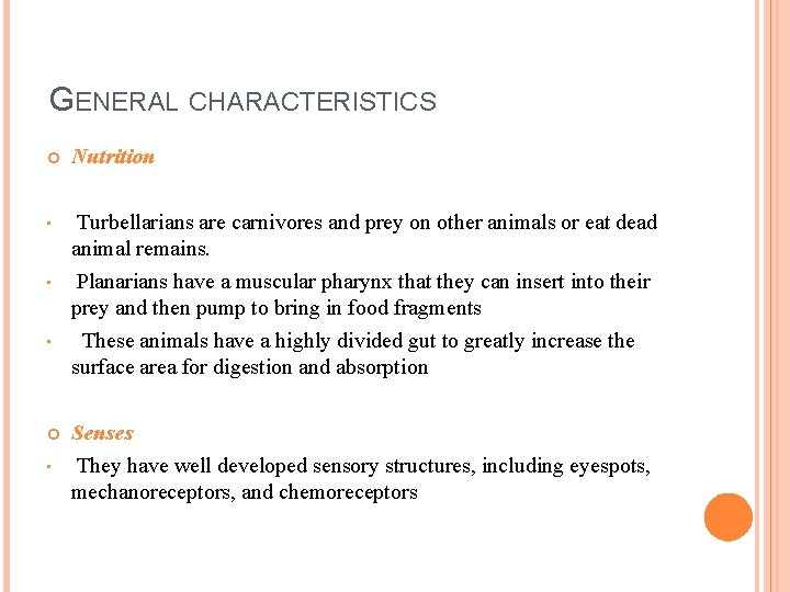 GENERAL CHARACTERISTICS Nutrition • Turbellarians are carnivores and prey on other animals or eat
