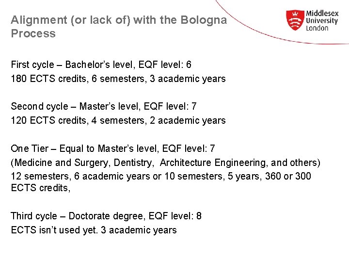 Alignment (or lack of) with the Bologna Process First cycle – Bachelor’s level, EQF