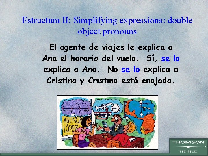 Estructura II: Simplifying expressions: double object pronouns El agente de viajes le explica a