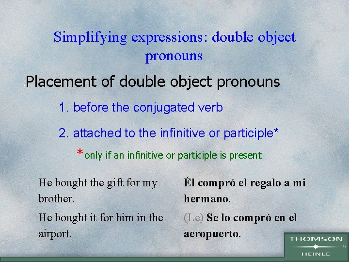 Simplifying expressions: double object pronouns • Placement of double object pronouns 1. before the