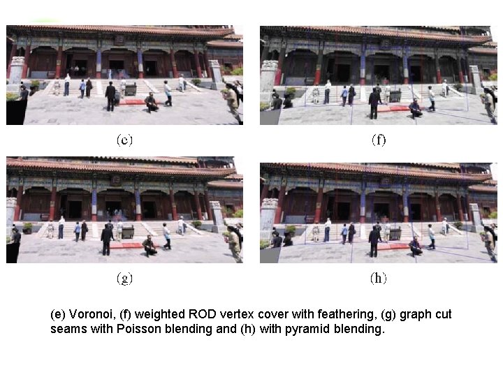 (e) Voronoi, (f) weighted ROD vertex cover with feathering, (g) graph cut seams with