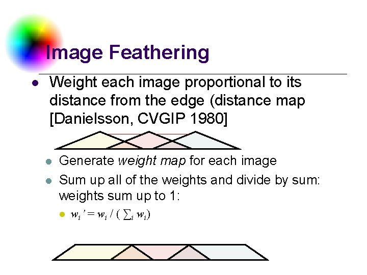 Image Feathering l Weight each image proportional to its distance from the edge (distance