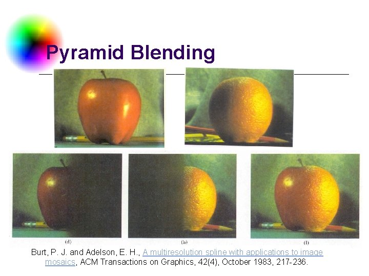 Pyramid Blending Burt, P. J. and Adelson, E. H. , A multiresolution spline with