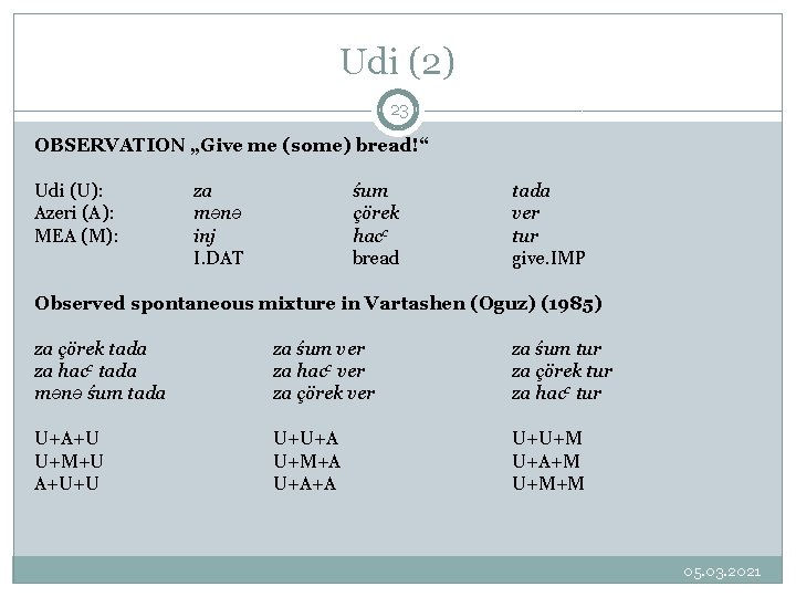 Udi (2) 23 OBSERVATION „Give me (some) bread!“ Udi (U): Azeri (A): MEA (M):