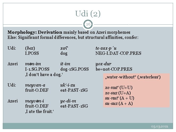 Udi (2) 26 Morphology: Derivation mainly based on Azeri morphemes Else: Significant formal differences, Udi (2) 26 Morphology: Derivation mainly based on Azeri morphemes Else: Significant formal differences,