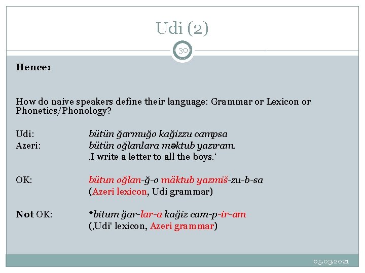 Udi (2) 30 Hence: How do naive speakers define their language: Grammar or Lexicon