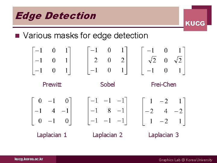 Edge Detection n KUCG Various masks for edge detection Prewitt Sobel Frei-Chen Laplacian 1