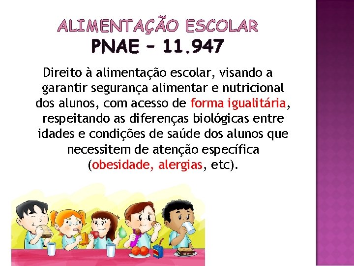 ALIMENTAÇÃO ESCOLAR PNAE – 11. 947 Direito à alimentação escolar, visando a garantir segurança