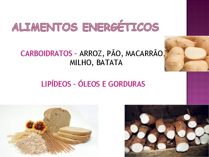 ALIMENTOS ENERGÉTICOS CARBOIDRATOS – ARROZ, PÃO, MACARRÃO, MILHO, BATATA LIPÍDEOS – ÓLEOS E GORDURAS