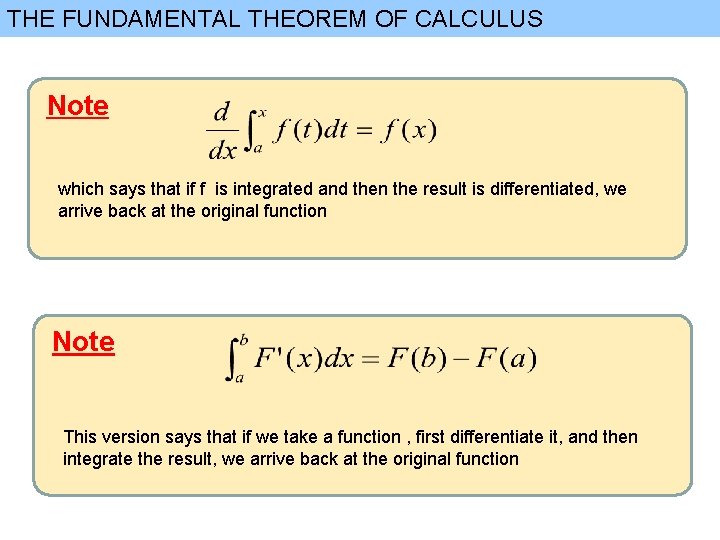 THE FUNDAMENTAL THEOREM OF CALCULUS Note which says that if f is integrated and