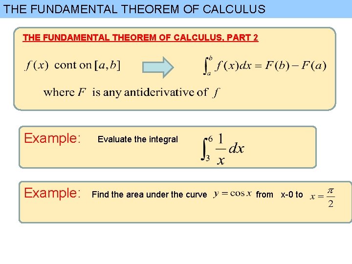 THE FUNDAMENTAL THEOREM OF CALCULUS, PART 2 Example: Evaluate the integral Find the area