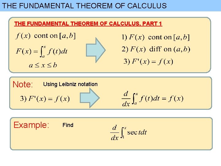 THE FUNDAMENTAL THEOREM OF CALCULUS, PART 1 Note: Using Leibniz notation Example: Find 