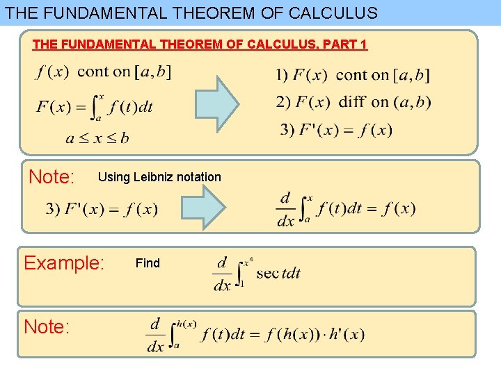 THE FUNDAMENTAL THEOREM OF CALCULUS, PART 1 Note: Using Leibniz notation Example: Note: Find