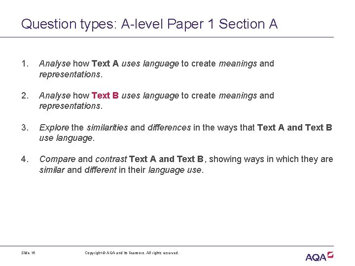 Question types: A-level Paper 1 Section A 1. Analyse how Text A uses language