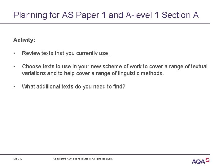 Planning for AS Paper 1 and A-level 1 Section A Activity: • Review texts