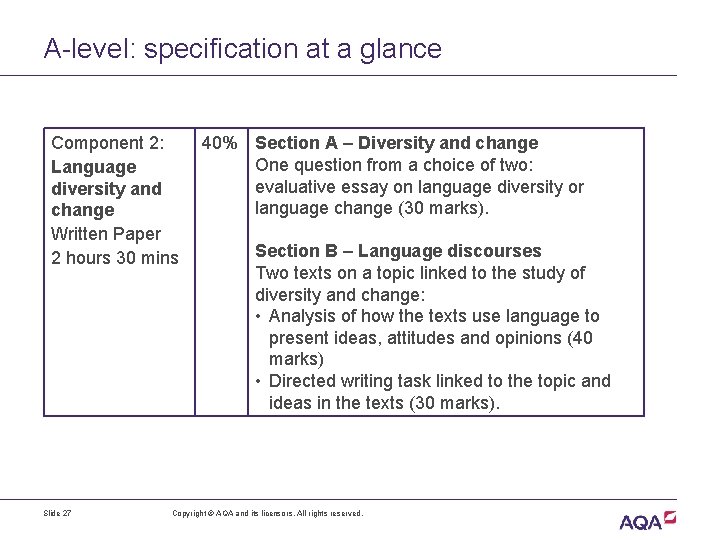 A-level: specification at a glance Component 2: Language diversity and change Written Paper 2