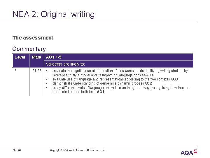 NEA 2: Original writing The assessment Commentary Level Mark AOs 1 -5 Students are