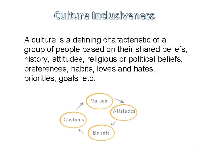 Culture Inclusiveness A culture is a defining characteristic of a group of people based