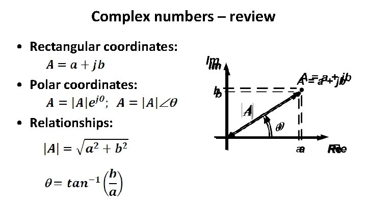Complex numbers – review • Rectangular coordinates: • Polar coordinates: • Relationships: Complex numbers – review • Rectangular coordinates: • Polar coordinates: • Relationships:
