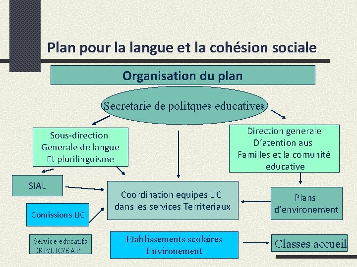 Plan pour la langue et la cohésion sociale Organisation du plan Secretarie de politques