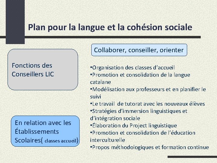 Plan pour la langue et la cohésion sociale Collaborer, conseiller, orienter Fonctions des Conseillers