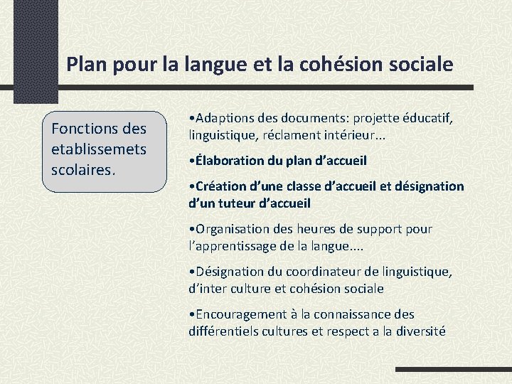 Plan pour la langue et la cohésion sociale Fonctions des etablissemets scolaires. • Adaptions