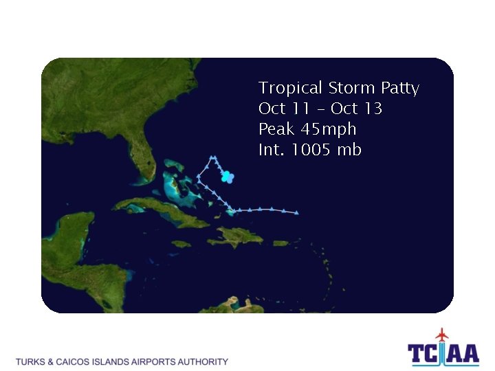 Tropical Storm Patty Oct 11 – Oct 13 Peak 45 mph Int. 1005 mb