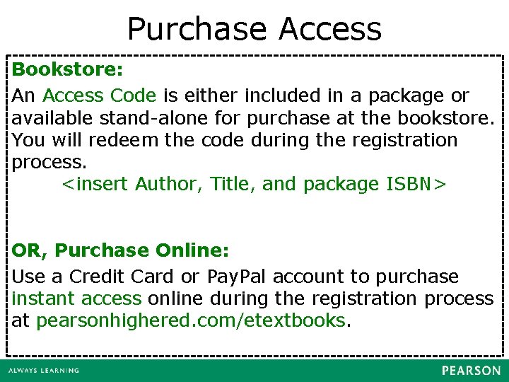 Purchase Access Bookstore: An Access Code is either included in a package or available