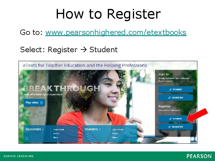 How to Register Go to: www. pearsonhighered. com/etextbooks Select: Register Student 